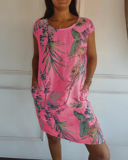 Vestido Estampado de Gola Redonda em Algodão