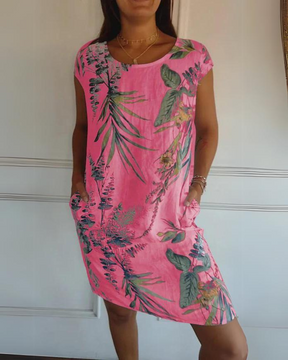 Vestido Estampado de Gola Redonda em Algodão