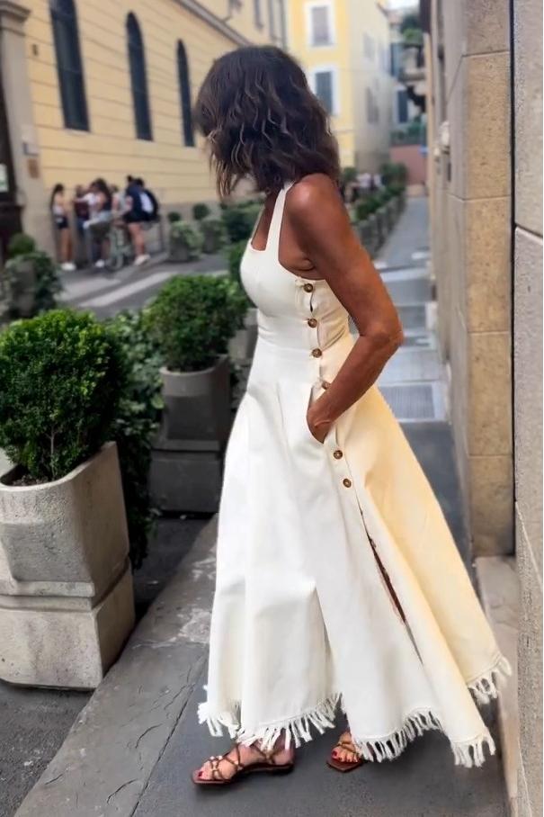 Vestido Maxi Boho Branco com Franjas e Bolsos