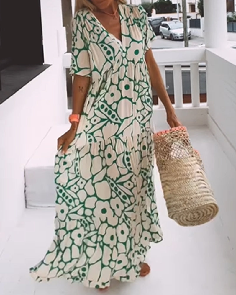 Vestido Longo Estampado com Decote em V