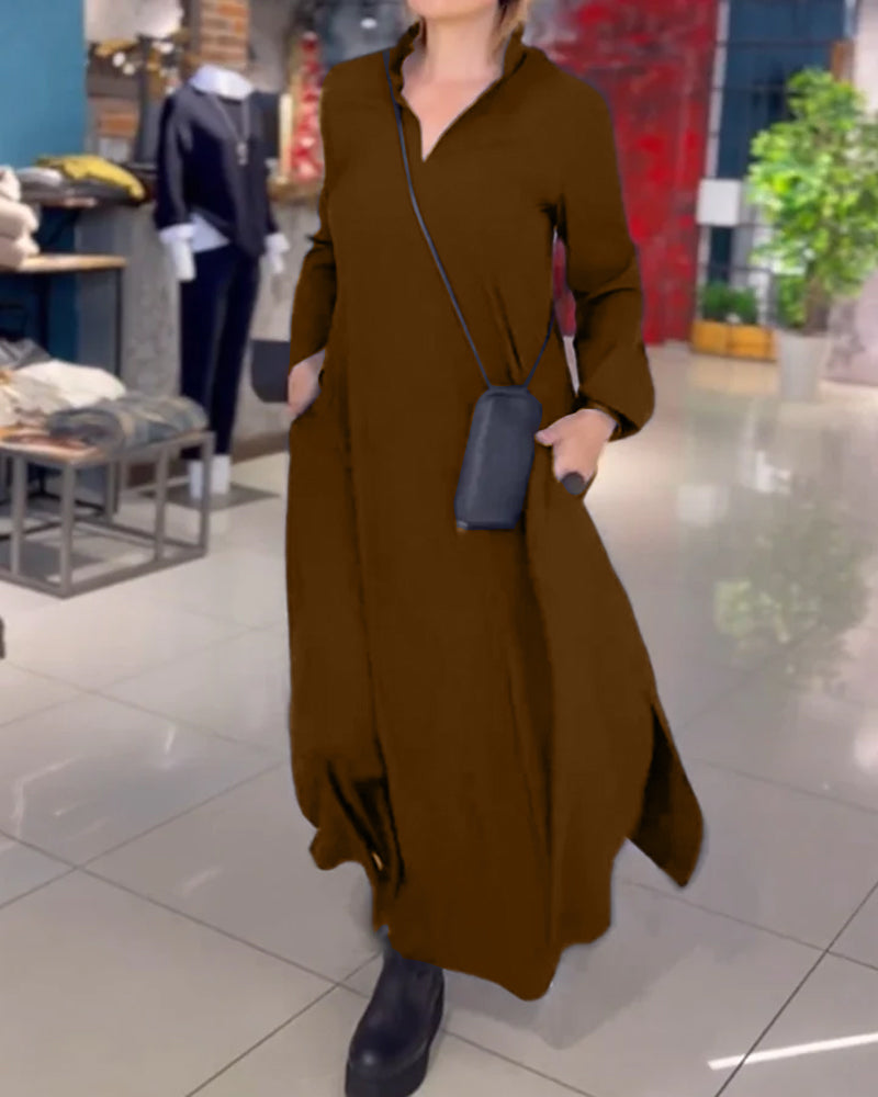 Vestido Longo Estilo Solto com Lapela e Fenda Lateral