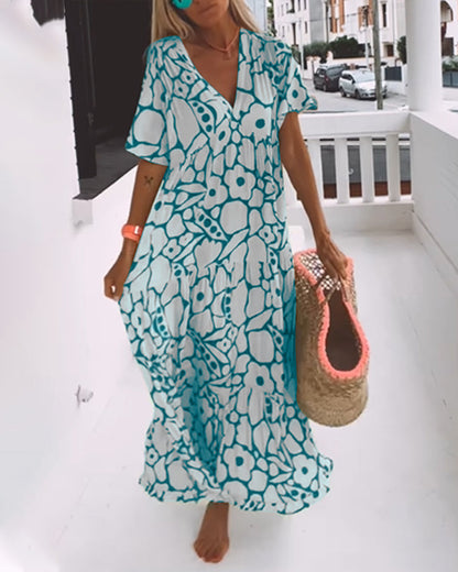 Vestido Longo Estampado com Decote em V
