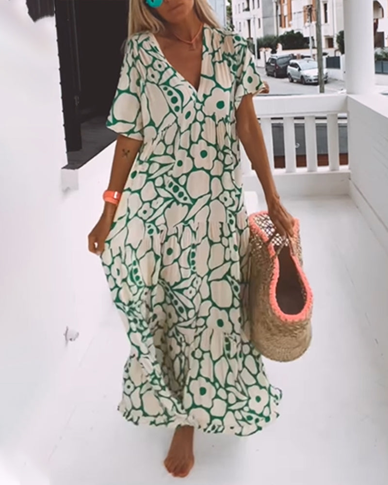 Vestido Longo Estampado com Decote em V
