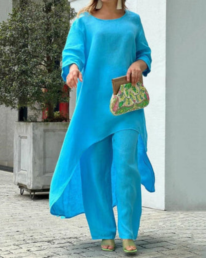 Conjunto Feminino Linho Blusa Longa e Calça Solta Geovana