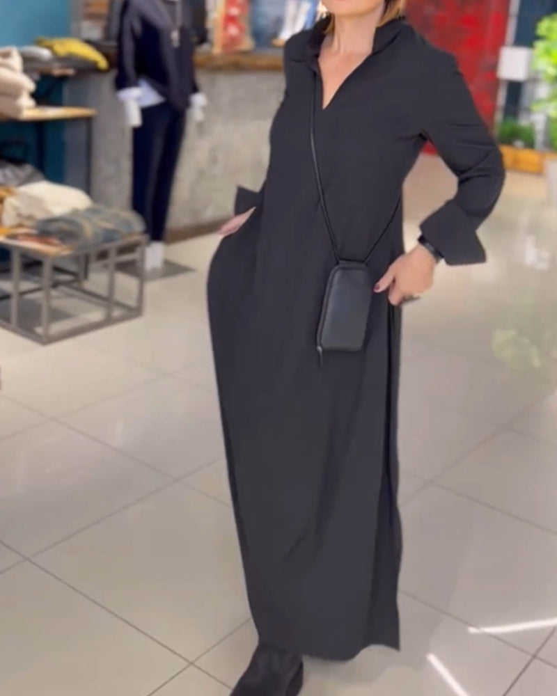 Vestido Longo Estilo Solto com Lapela e Fenda Lateral