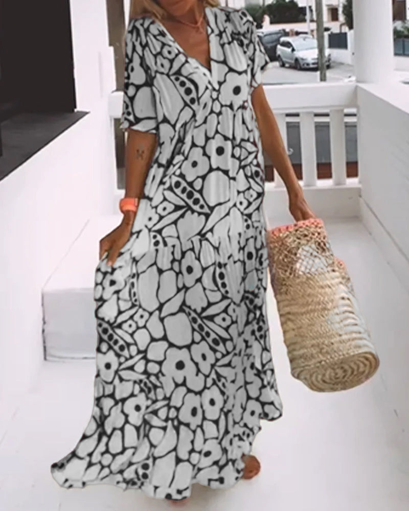 Vestido Longo Estampado com Decote em V