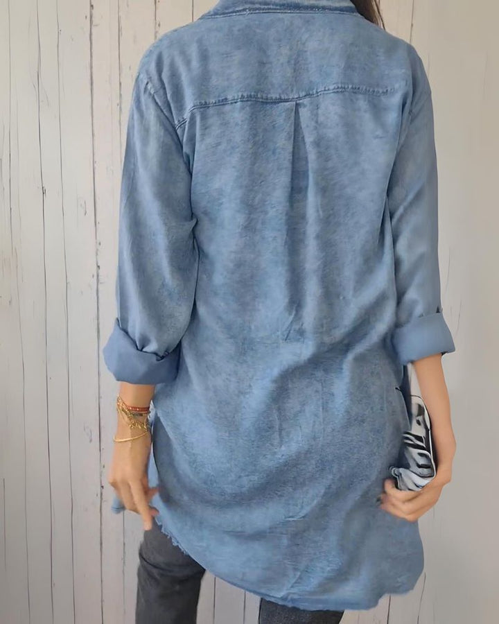 Camisa Jeans Oversized Feminina com Bolsos Frontais Elisa