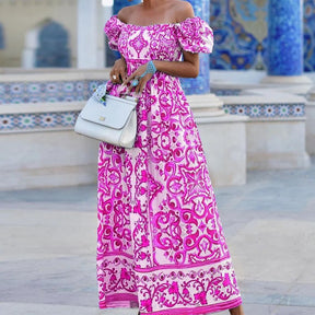 Vestido Feminino Longo Estampado Ombro a Ombro