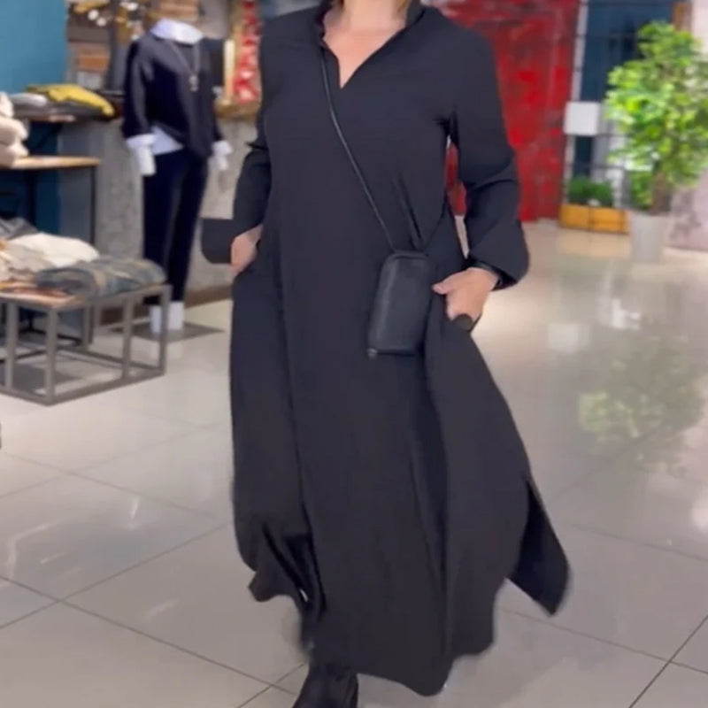 Vestido Longo Estilo Solto com Lapela e Fenda Lateral - 9