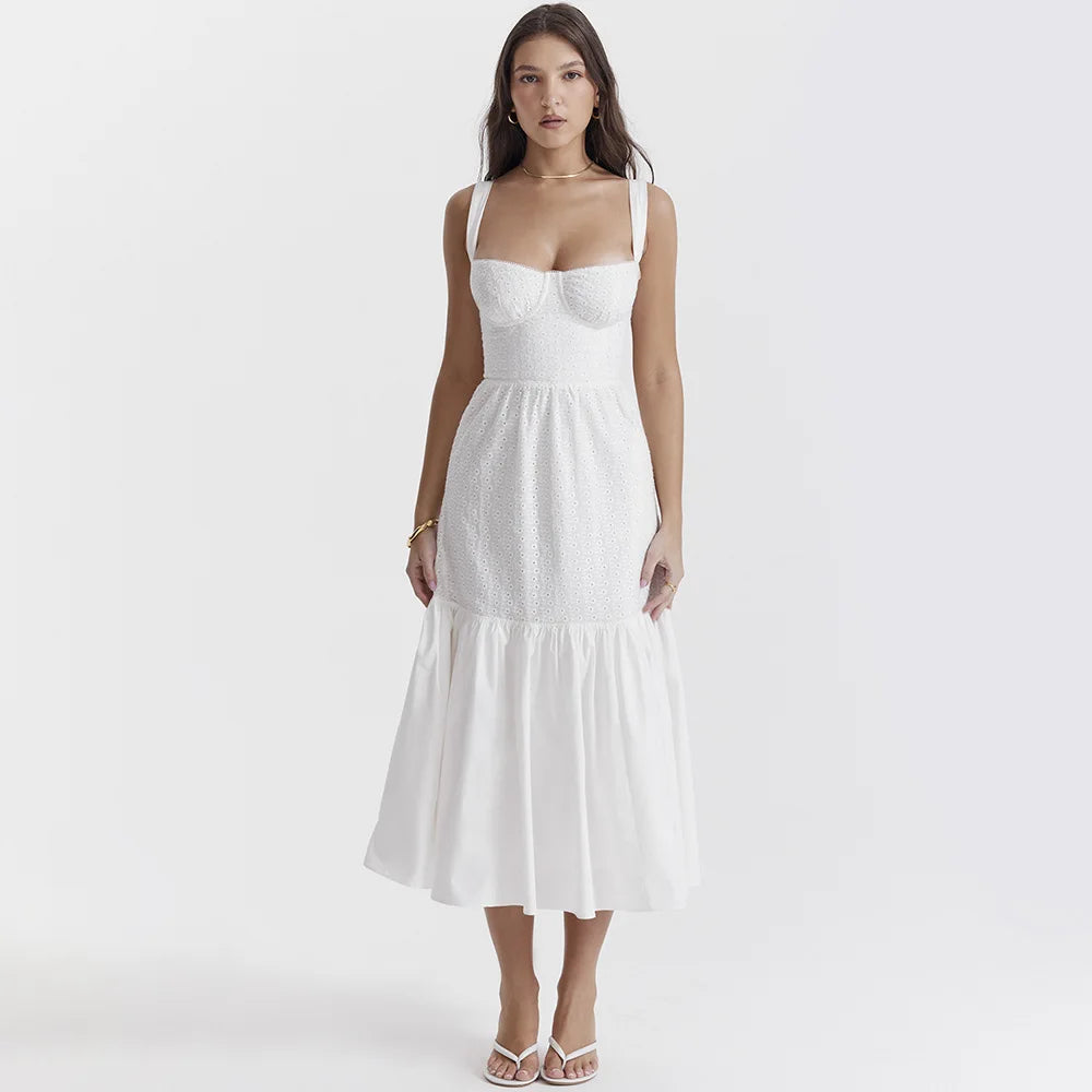 Vestido Feminino Midi Renda Alça Larga Branco