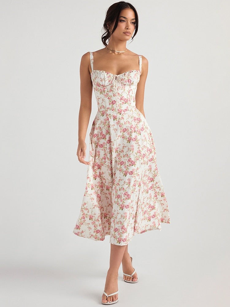 Vestido Feminino Midi Floral Alça Larga