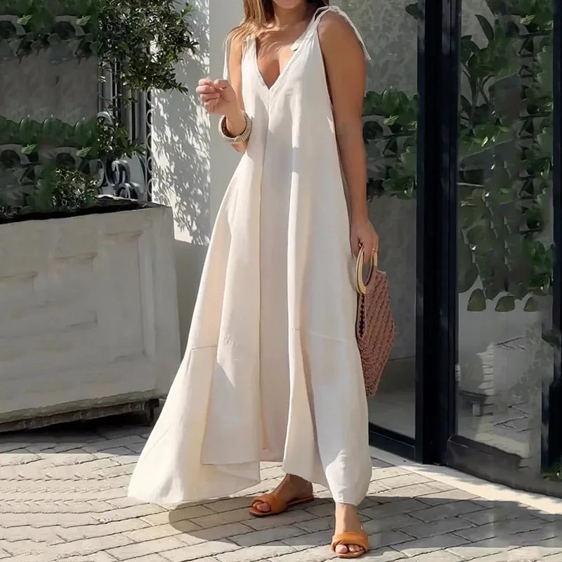 Vestido Longo Decote em V Alça Laço - 4