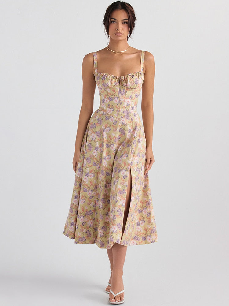 Vestido Feminino Midi Floral Alça Larga