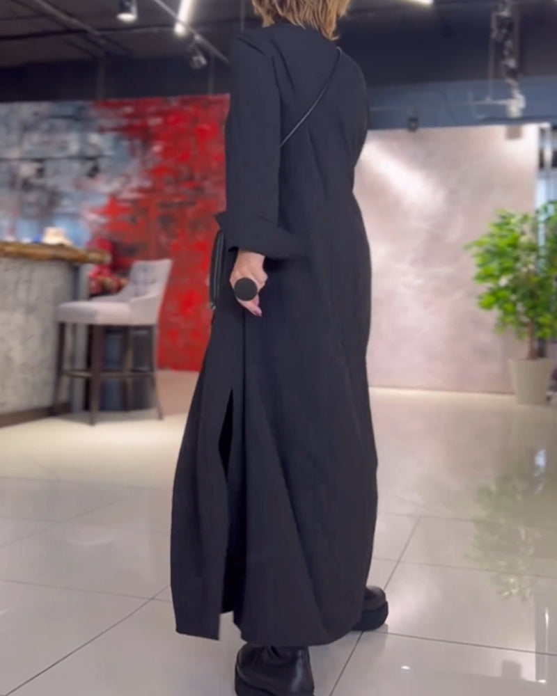 Vestido Longo Estilo Solto com Lapela e Fenda Lateral