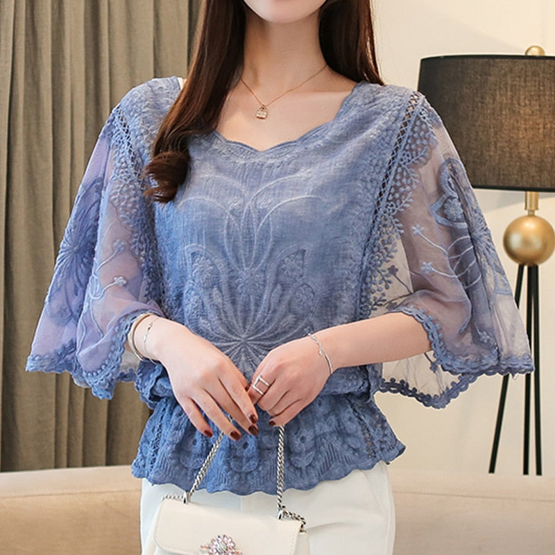 Blusa De Renda Feminina Manga Três Quartos Azul / P 002