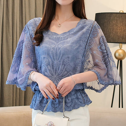 Blusa De Renda Feminina Manga Três Quartos Azul / P 002