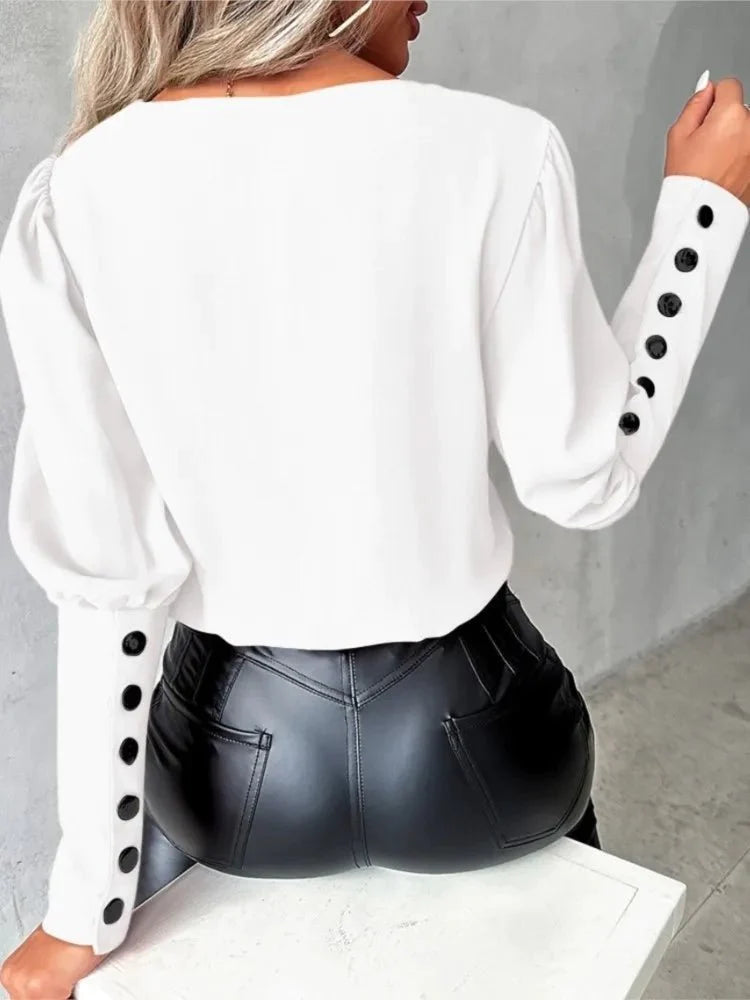 Camisa Social Feminina Decote V Manga Longa