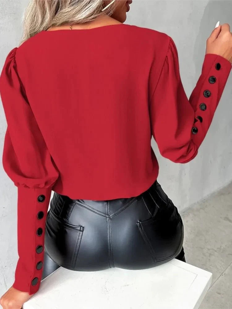 Camisa Social Feminina Decote V Manga Longa - 6