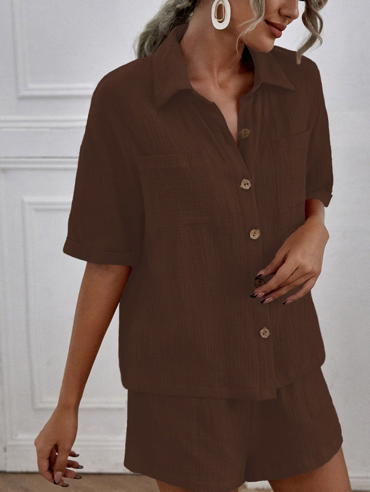 Camisa com Bolsos Duplos e Shorts de Linho Marrom / P (BR 38-40)
