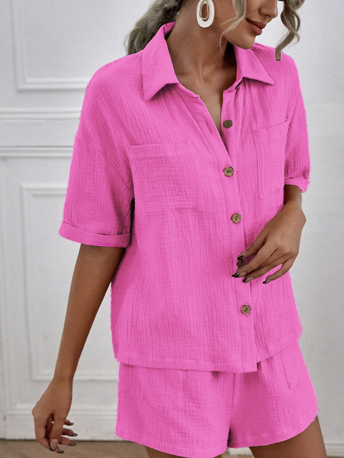 Camisa com Bolsos Duplos e Shorts de Linho Rosa choque / P (BR 38-40)