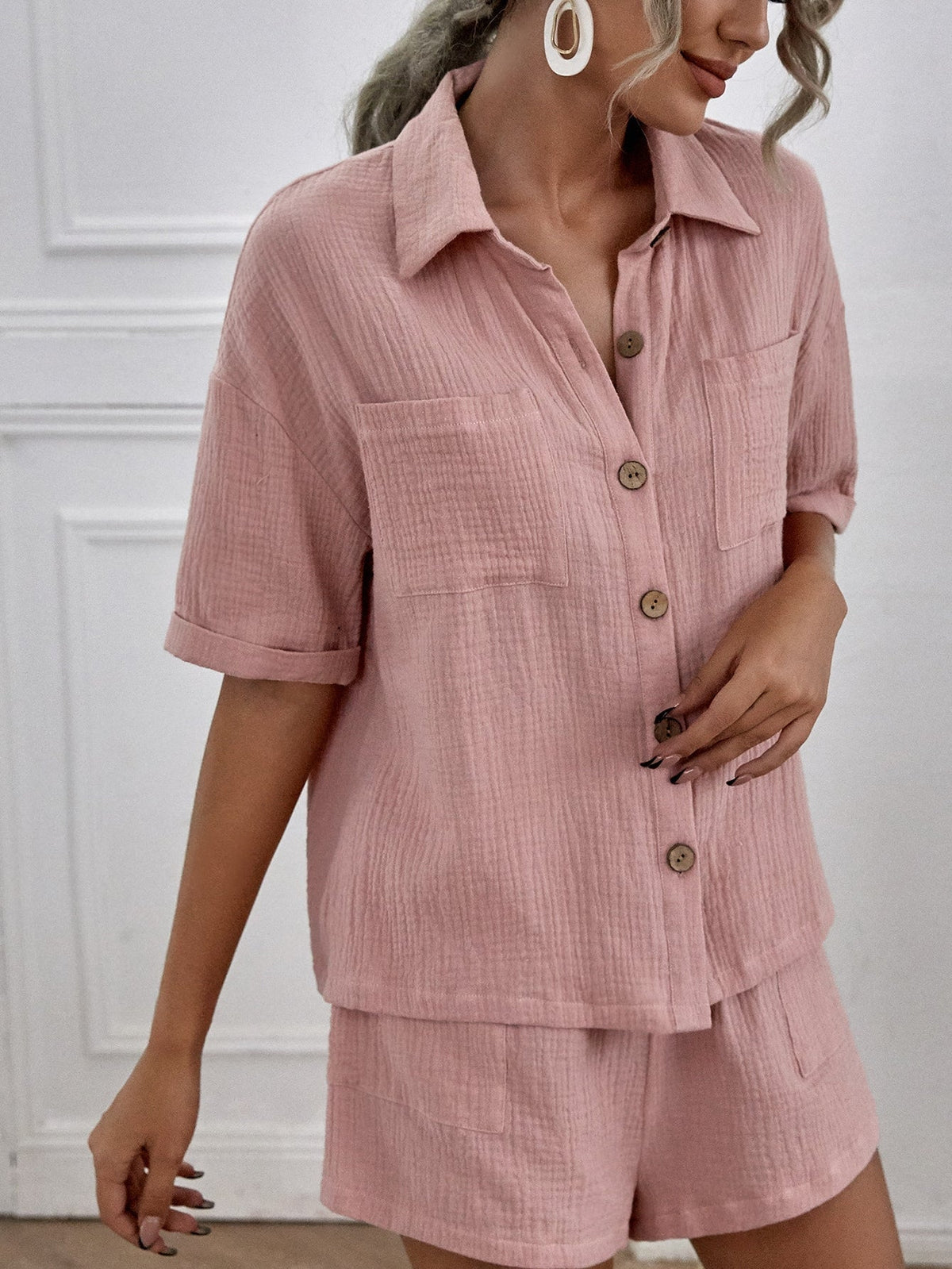 Camisa com Bolsos Duplos e Shorts de Linho Rosa empoeirado / P (BR 38-40)