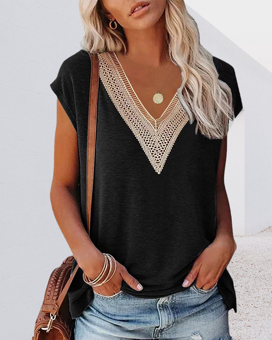 Camiseta com Decote em V em Renda Feminina