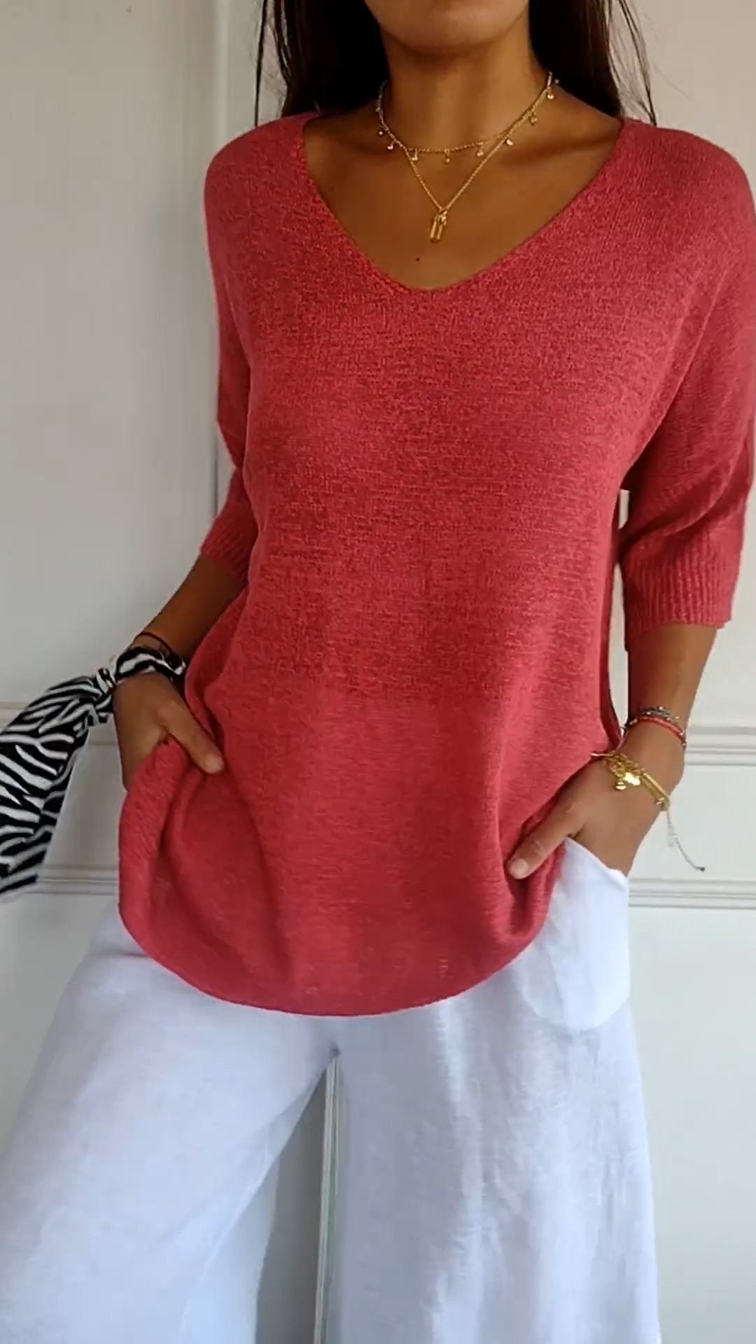 Camiseta Gola V Tricotada Fabiene