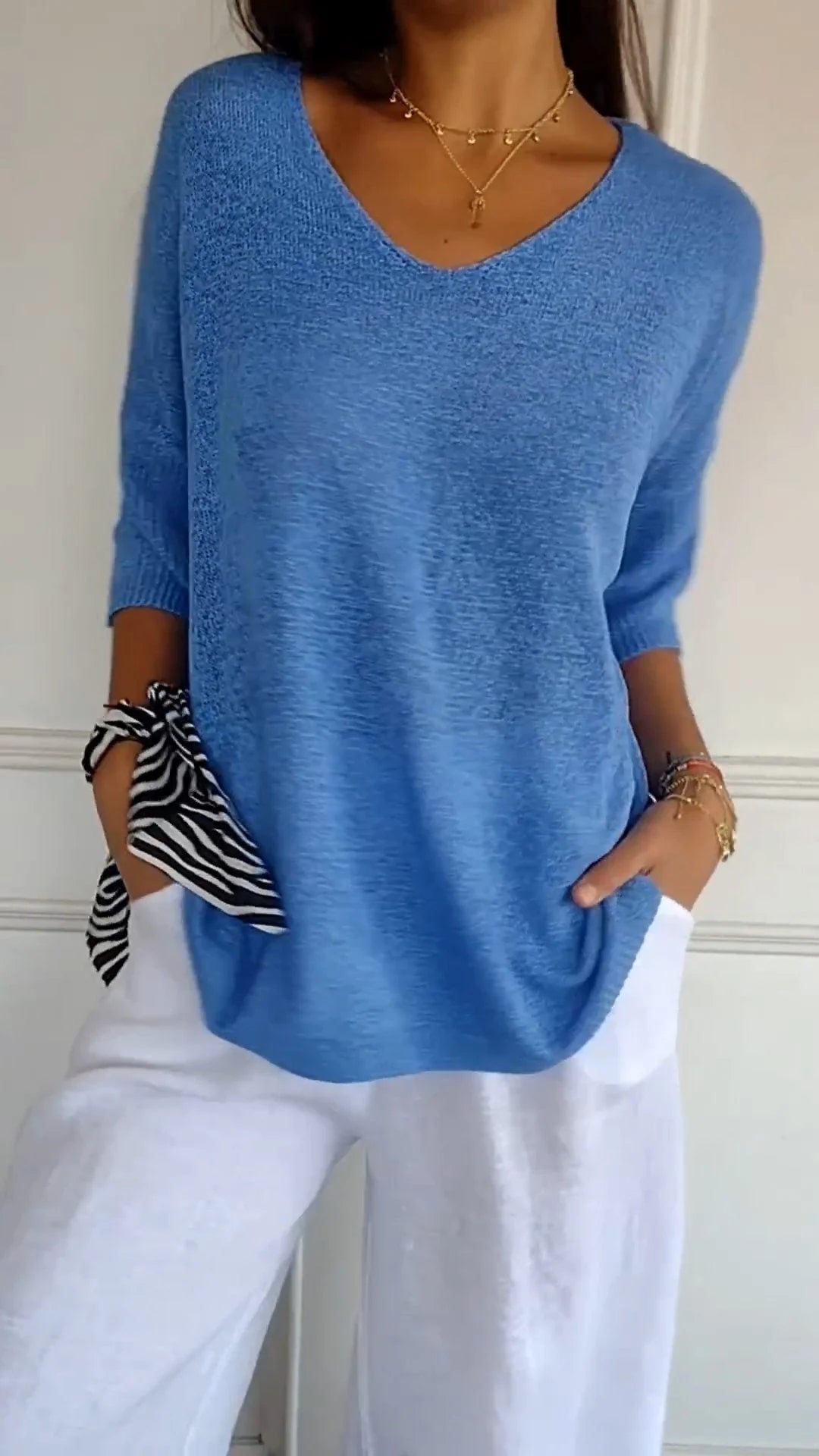 Camiseta Gola V Tricotada Fabiene