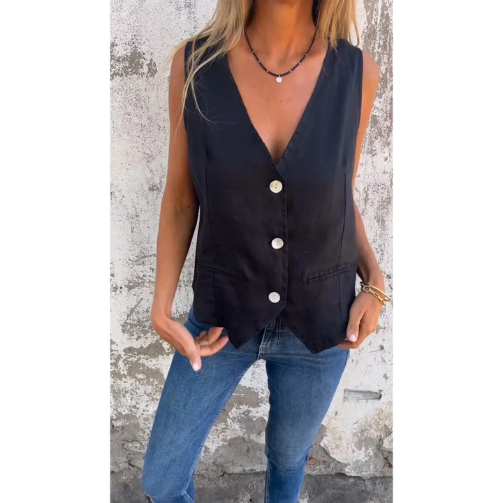 Colete de algodão e linho com decote em V