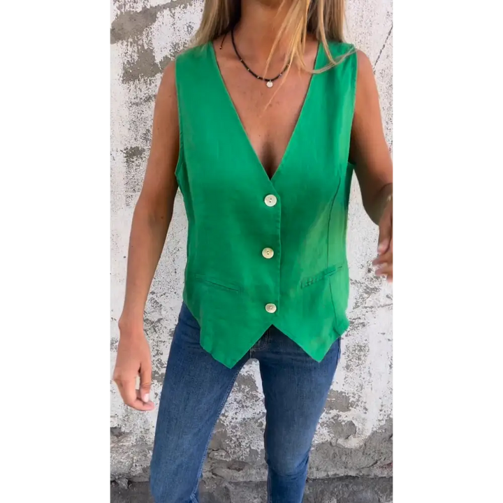 Colete de algodão e linho com decote em V