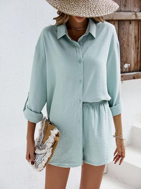 Conjunto Casual de Camisa de Manga Longa com Lapela  e Shorts de Cintura Alta