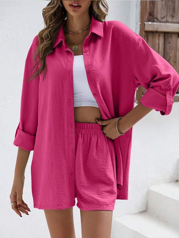 Conjunto Casual de Camisa de Manga Longa com Lapela  e Shorts de Cintura Alta