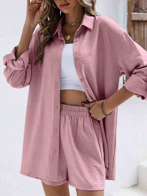 Conjunto Casual de Camisa de Manga Longa com Lapela  e Shorts de Cintura Alta