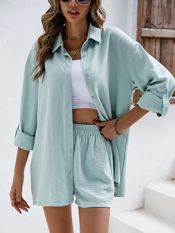 Conjunto Casual de Camisa de Manga Longa com Lapela  e Shorts de Cintura Alta