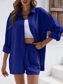 Conjunto Casual de Camisa de Manga Longa com Lapela  e Shorts de Cintura Alta