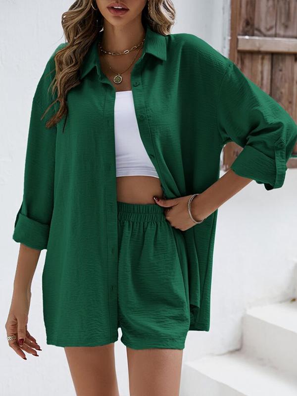 Conjunto Casual de Camisa de Manga Longa com Lapela  e Shorts de Cintura Alta