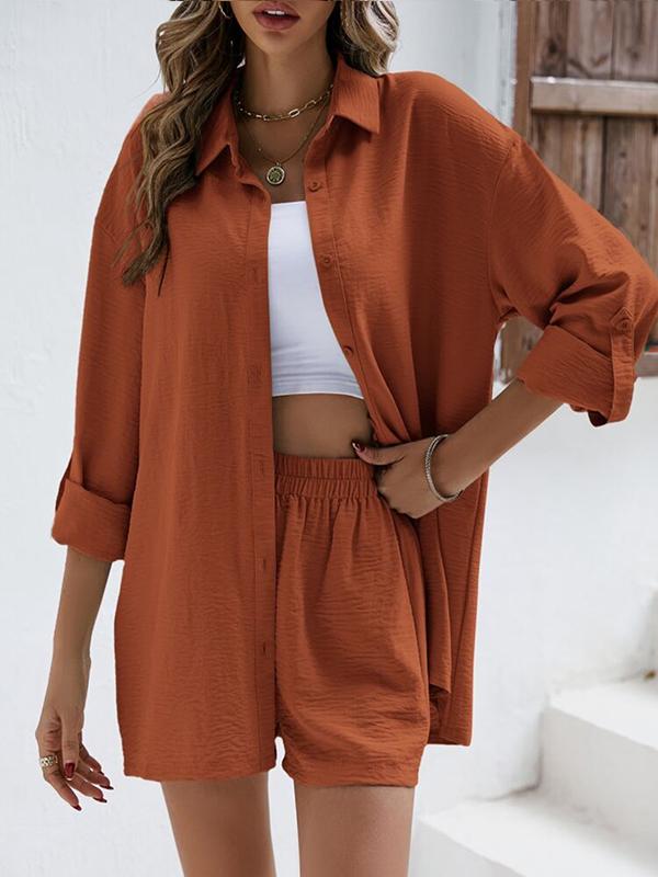 Conjunto Casual de Camisa de Manga Longa com Lapela  e Shorts de Cintura Alta