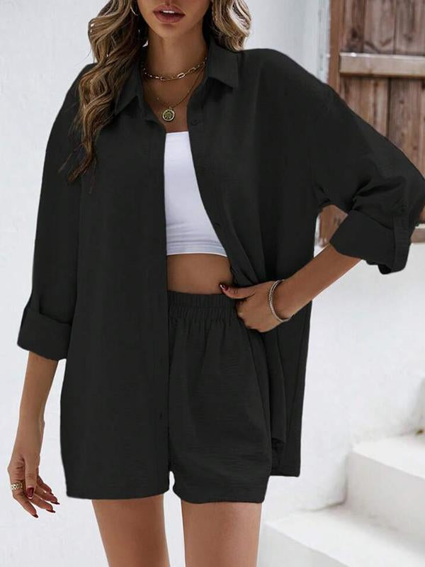 Conjunto Casual de Camisa de Manga Longa com Lapela  e Shorts de Cintura Alta