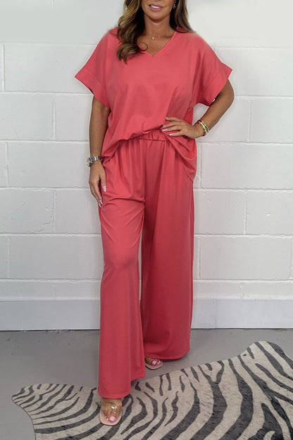 Conjunto Casual de Cetim com Decote em V