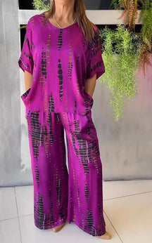 Conjunto Casual de Cetim com Gola Redonda de Duas Peças