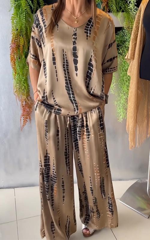 Conjunto Casual de Cetim com Gola Redonda de Duas Peças