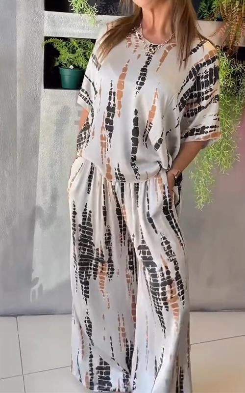 Conjunto Casual de Cetim com Gola Redonda de Duas Peças