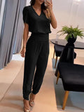 Conjunto Casual de Duas Peças com Calças e Camisa Estampada de Manga Curta e Decote em V