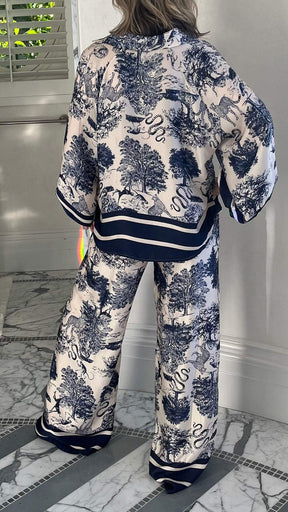 Conjunto Casual de Manga Longa Estampado com Decote em V