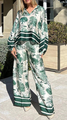 Conjunto Casual de Manga Longa Estampado com Decote em V