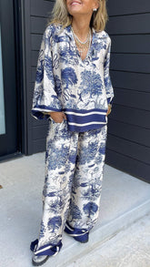 Conjunto Casual de Manga Longa Estampado com Decote em V