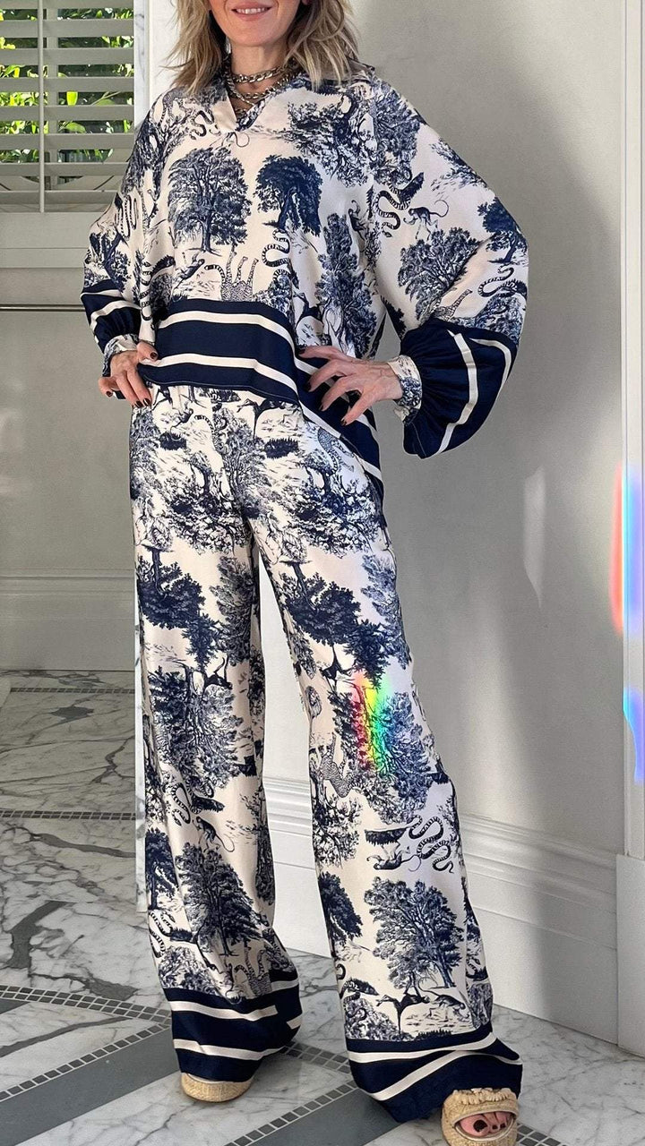 Conjunto Casual de Manga Longa Estampado com Decote em V