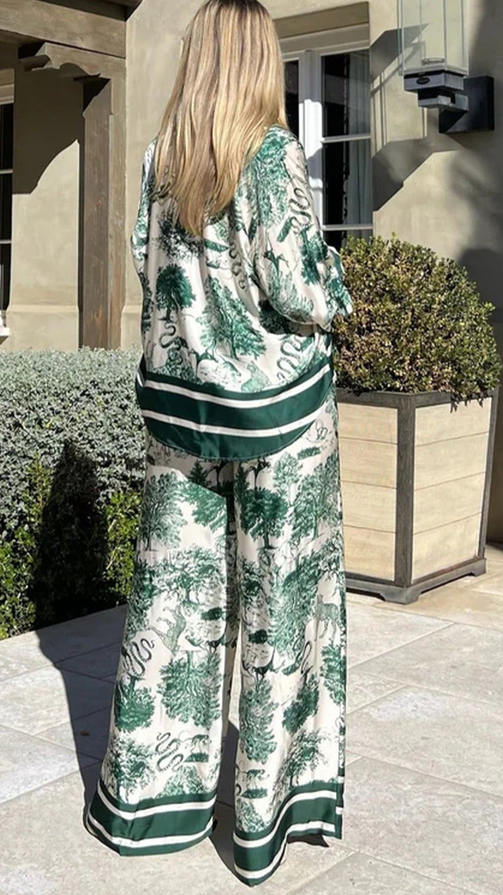 Conjunto Casual de Manga Longa Estampado com Decote em V