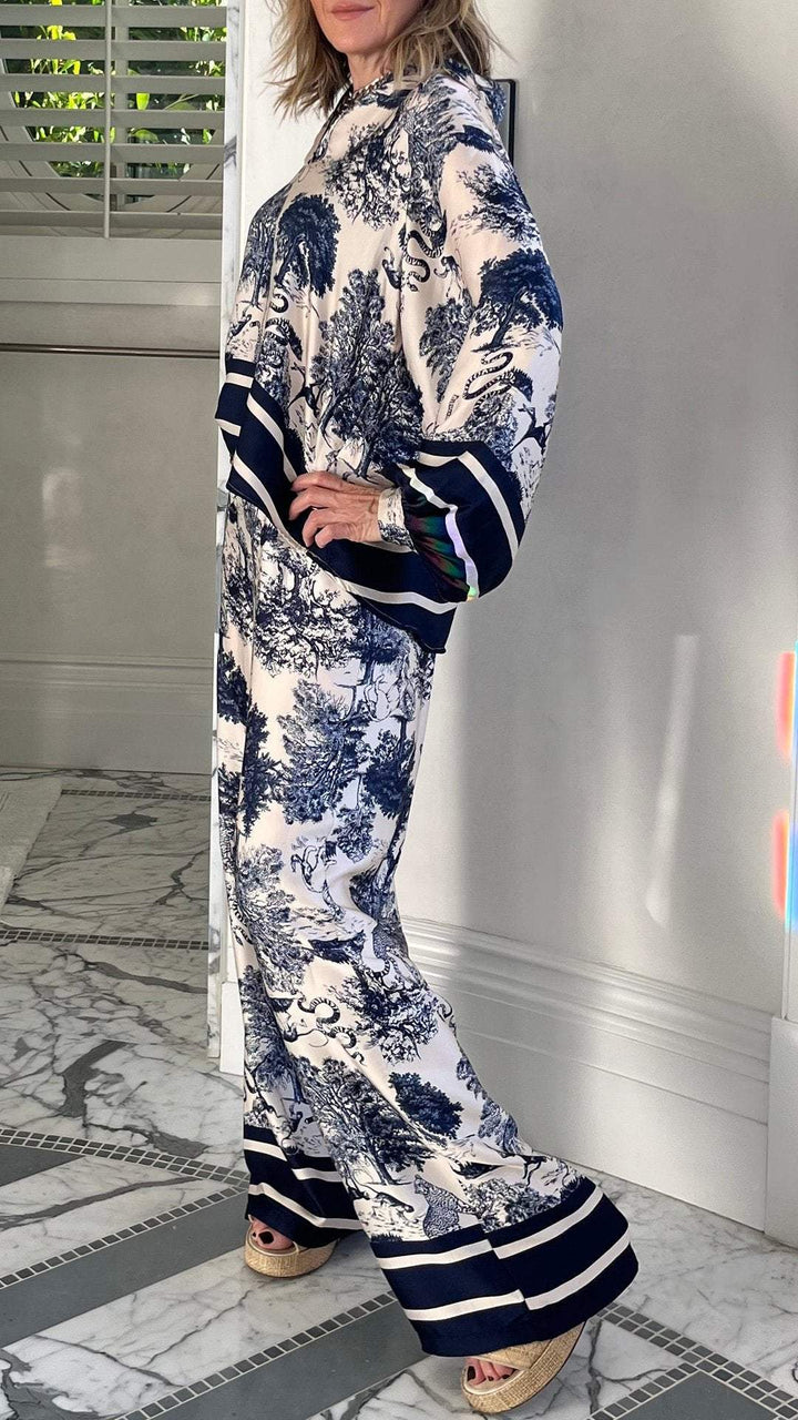 Conjunto Casual de Manga Longa Estampado com Decote em V