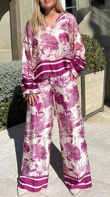 Conjunto Casual de Manga Longa Estampado com Decote em V